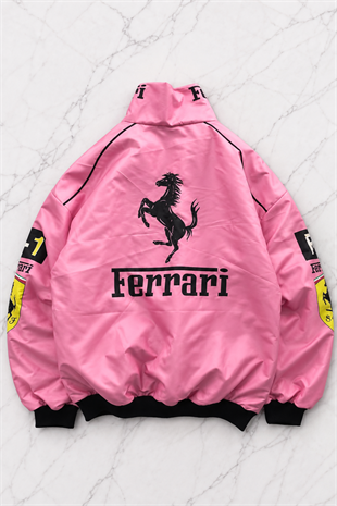 Pembe Ferrari Desenli Unisex Bomber Ceket