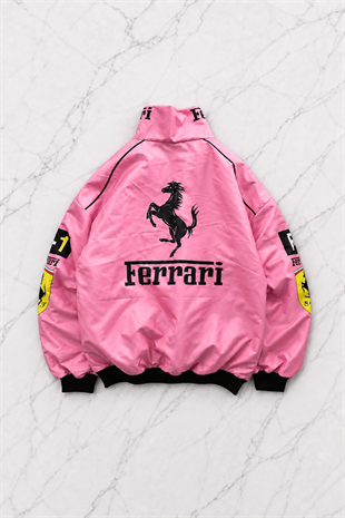 Pembe Ferrari Desenli Unisex Bomber Ceket