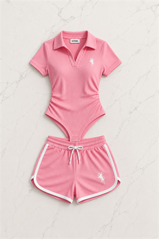 Pembe Fit Polo Yaka Bodysuit Şort Takım