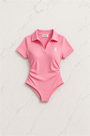 Pembe Fit Polo Yaka Bodysuit Şort Takım