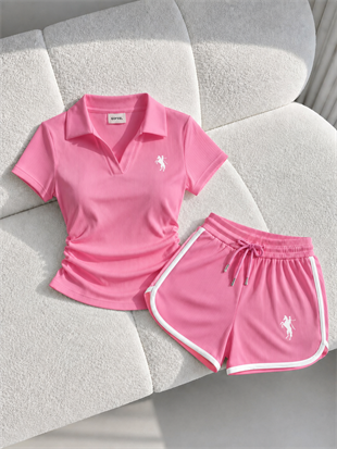 Pembe Fit Polo Yaka  Şort Takım