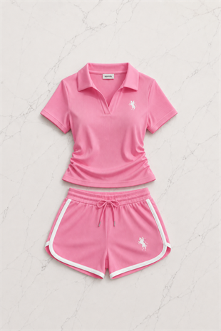 Pembe Fit Polo Yaka  Şort Takım