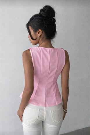 Pembe Fiyonk Detaylı Parçalı Bluz