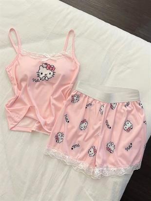 Pembe Hello Kitty Dantel Detaylı Alt Üst Takım