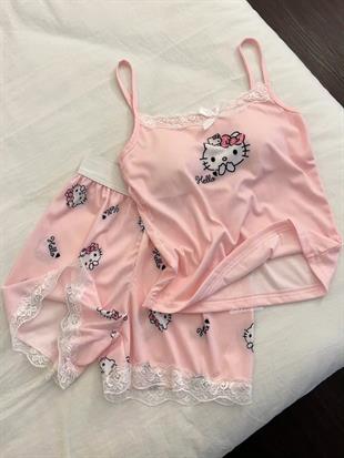 Pembe Hello Kitty Dantel Detaylı Alt Üst Takım