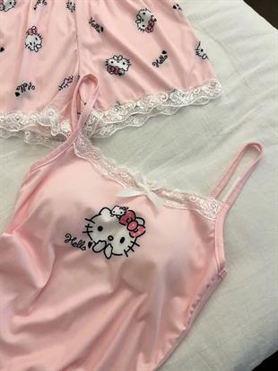Pembe Hello Kitty Dantel Detaylı Alt Üst Takım