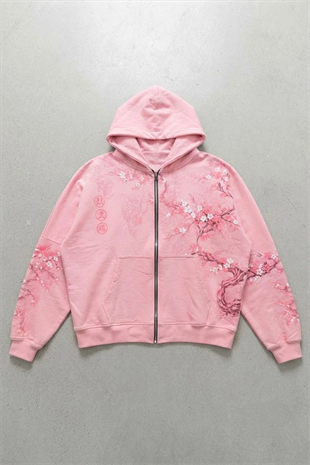 Pembe Japonic Pembe Sakuralı Unisex Hırka