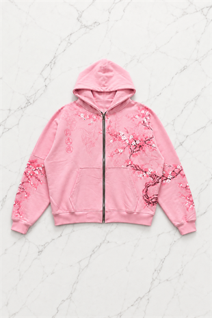 Pembe Japonic Pembe Sakuralı Unisex Hırka