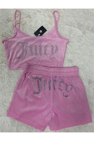 Pembe Juicy Taşlı Alt Üst Şort Takım