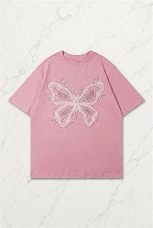 Pembe Kelebek Baskılı Kısa Kol Oversize T-Shirt