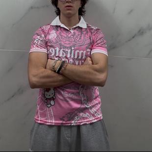 Pembe Kitty Madrid Dragon Jersey Beyaz Düğmeli Yaka T-shirt