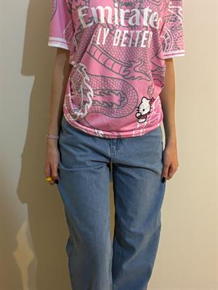 Pembe Kitty Madrid Dragon Jersey Beyaz Düğmeli Yaka T-shirt