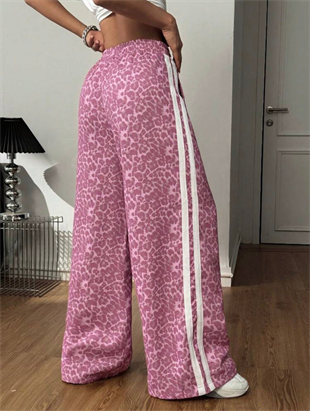 Pembe Leopar Şeritli Baggy Unisex Eşofman Altı