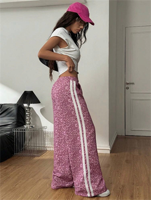 Pembe Leopar Şeritli Baggy Unisex Eşofman Altı