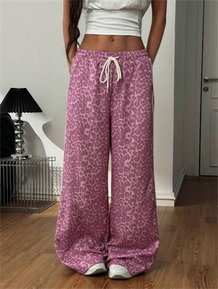 Pembe Leopar Şeritli Baggy Unisex Eşofman Altı