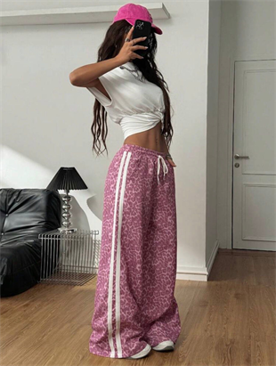 Pembe Leopar Şeritli Baggy Unisex Eşofman Altı