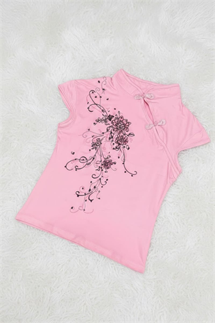 Pembe Mandarin Yaka Çiçekli Qipao Vintage Y2K Kısa Kollu Crop