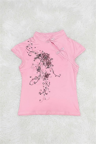 Pembe Mandarin Yaka Çiçekli Qipao Vintage Y2K Kısa Kollu Crop