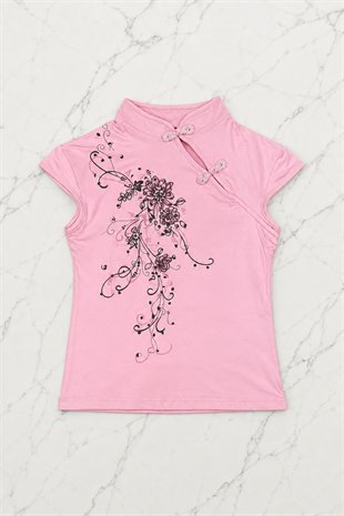 Pembe Mandarin Yaka Çiçekli Qipao Vintage Y2K Kısa Kollu Crop