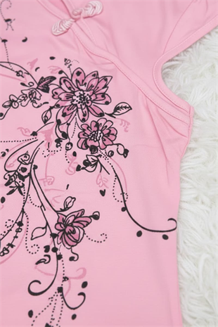 Pembe Mandarin Yaka Çiçekli Qipao Vintage Y2K Kısa Kollu Crop