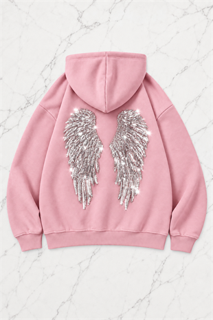 Pembe Melek Parıltılı Taş Detaylı Oversize Sweatshirt