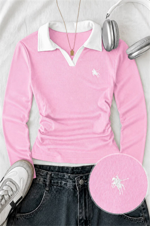 Pembe Olos Polo Yaka Nakışlı Büzgülü Uzun Kollu Bluz