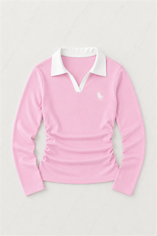 Pembe Olos Polo Yaka Nakışlı Büzgülü Uzun Kollu Bluz