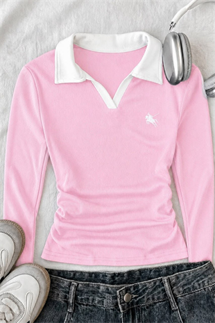 Pembe Olos Polo Yaka Nakışlı Büzgülü Uzun Kollu Bluz