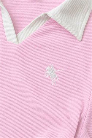 Pembe Olos Polo Yaka Nakışlı Büzgülü Uzun Kollu Bluz