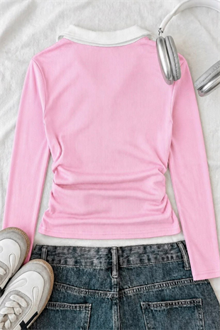 Pembe Olos Polo Yaka Nakışlı Büzgülü Uzun Kollu Bluz