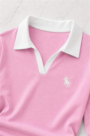 Pembe Olos Polo Yaka Nakışlı Büzgülü Uzun Kollu Bluz