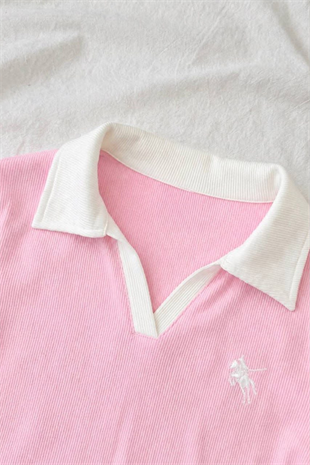 Pembe Olos Polo Yaka Nakışlı Büzgülü Uzun Kollu Bluz