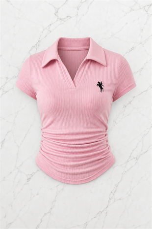 Pembe Polo Yaka Fitilli Likralı Bluz