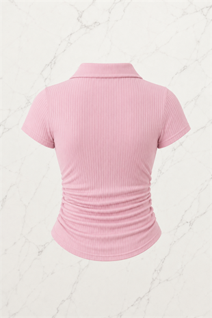 Pembe Polo Yaka Fitilli Likralı Bluz