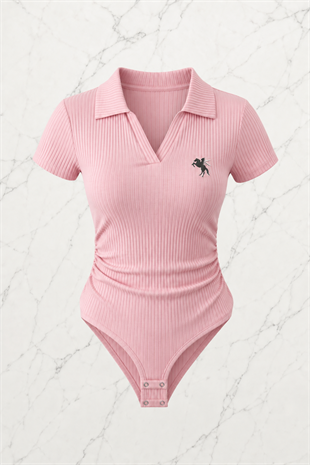 Pembe Polo Yaka Fitilli Likralı Premium Zıbın
