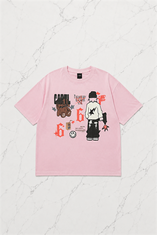 Pembe Retro Graphic Baskılı Kısa Kol Oversize T-Shirt
