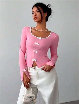 Pembe Ribbon Dekolteli Uzun Kollu Crop