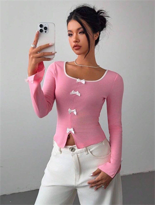 Pembe Ribbon Dekolteli Uzun Kollu Crop