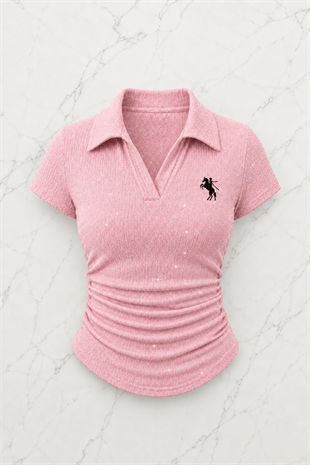 Pembe Simli Polo Yaka Büzgülü Bluz