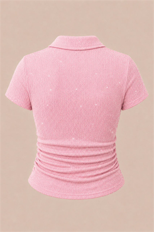 Pembe Simli Polo Yaka Büzgülü Bluz