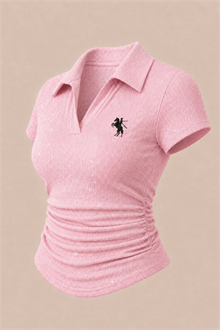 Pembe Simli Polo Yaka Büzgülü Bluz