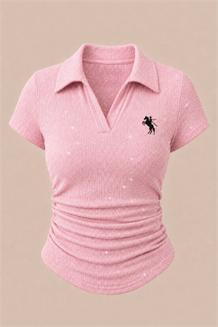 Pembe Simli Polo Yaka Büzgülü Bluz