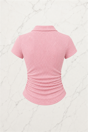 Pembe Simli Polo Yaka Büzgülü Bluz