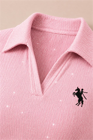 Pembe Simli Polo Yaka Büzgülü Bluz