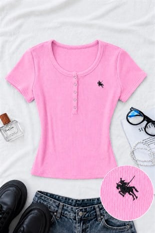Pembe Soft Detaylı Nakışlı Çıtçıtlı Bluz