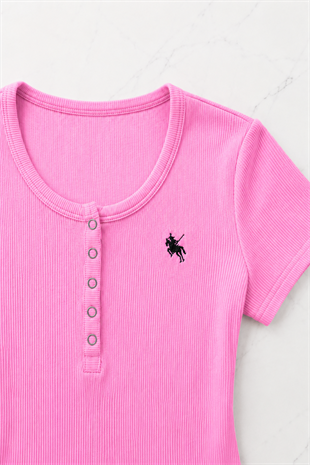 Pembe Soft Detaylı Nakışlı Çıtçıtlı Bluz