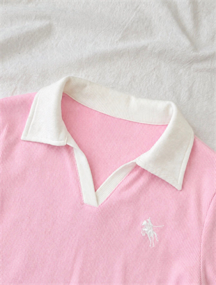 Pembe Solo Polo Yaka Beyaz Yakalı Bluz