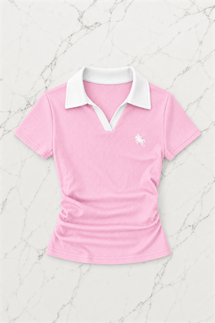 Pembe Solo Polo Yaka Beyaz Yakalı Bluz