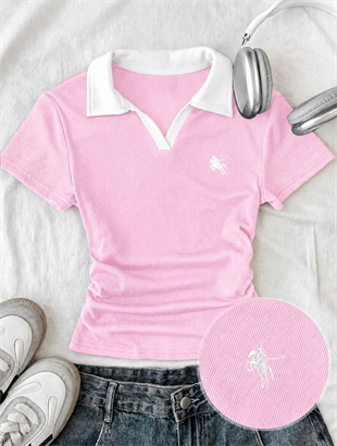 Pembe Solo Polo Yaka Beyaz Yakalı Bluz