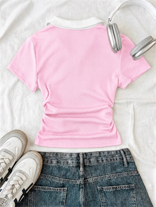 Pembe Solo Polo Yaka Beyaz Yakalı Bluz